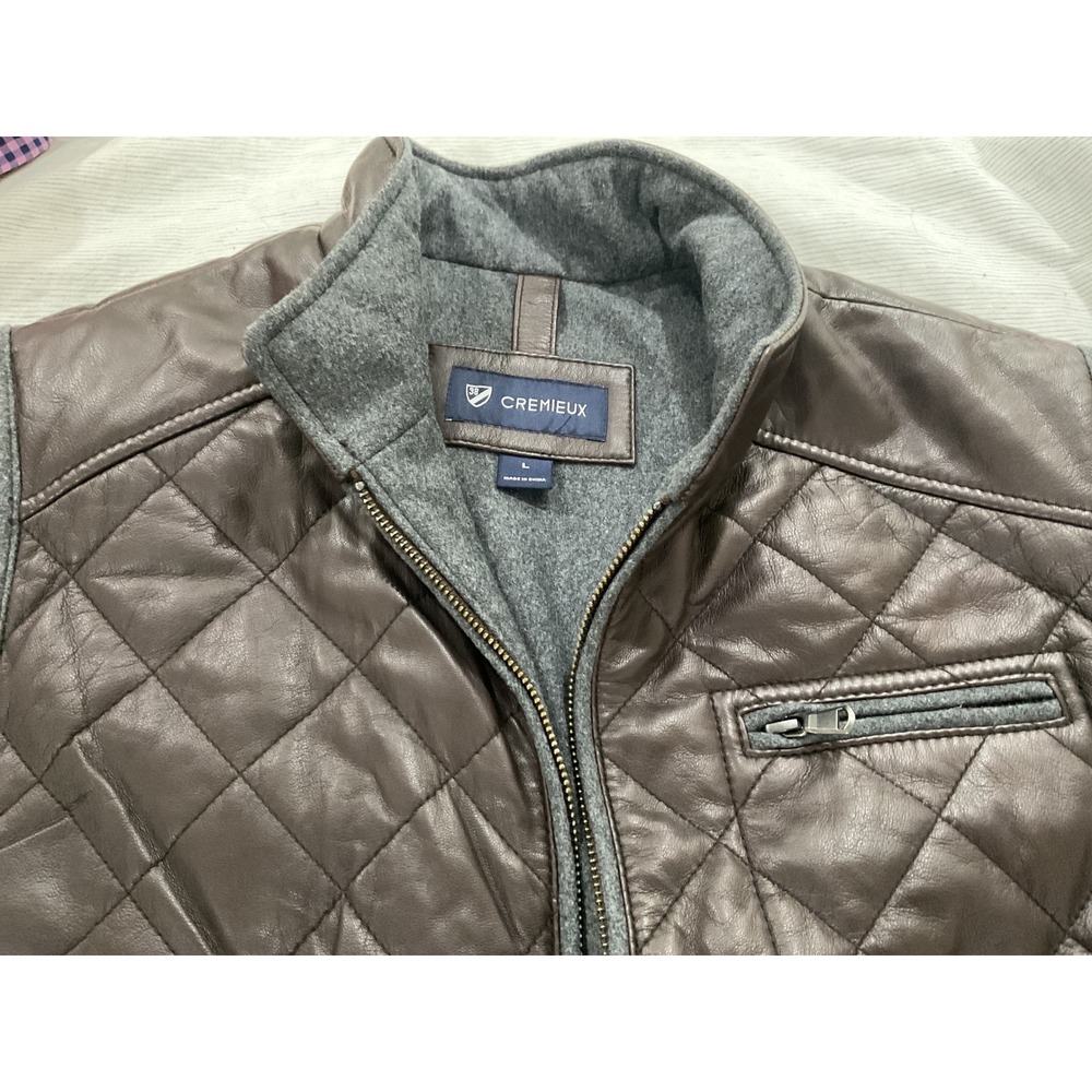 Cremieux Mens Brown Genuine Lambskin Quilted Leather Vest Wool Blend Lining L